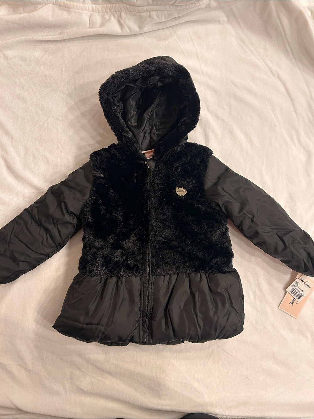 Juicy Couture Girls' Black Faux-Fur Hooded Puffer Coat